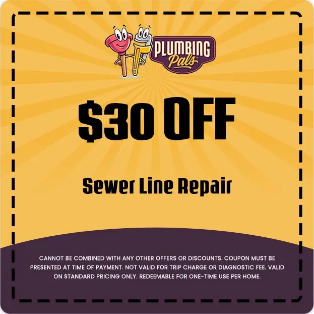 $30 off coupon for sewer line repair from Plumbing Pals, featuring playful graphics and promotional text.