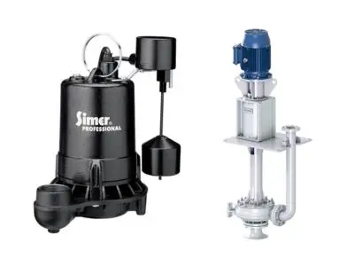 Submersible and pedestal sump pumps displayed, showcasing types of sump pumps for home flood prevention and water damage protection.