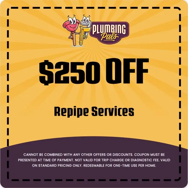 $250 off coupon for repipe services from Plumbing Pals, featuring colorful design and promotional text.