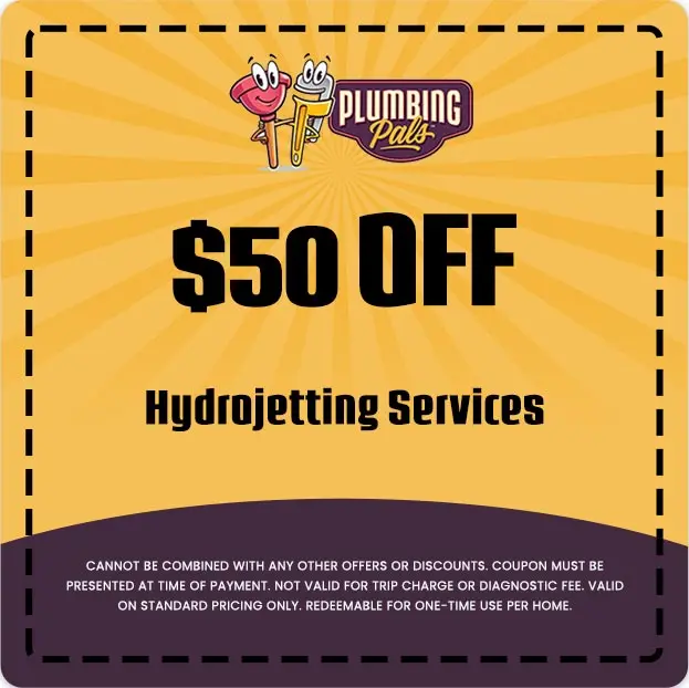 $50 off coupon for hydrojetting services from Plumbing Pals, featuring colorful graphics and promotional details.