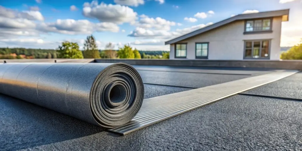 Flexible roll of EPDM rubber material unrolling on a modern asphalt shingle roof with sleek architectural lines and minimal overhangs , roofing material, epdm rubber