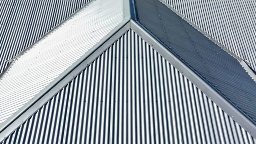 Drone aerial photograph of a grey coated corrugated iron roof on a domestic residence