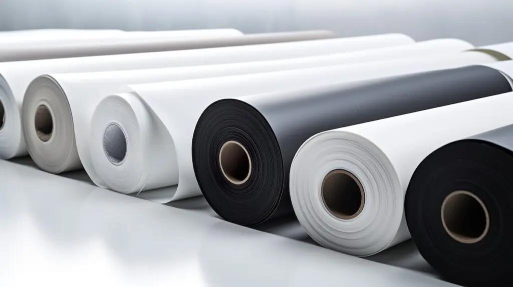 rolls of white and black silicone roofing material