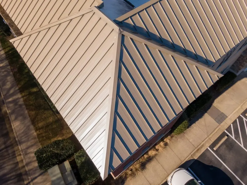 brown standing seam metal roof aerial view