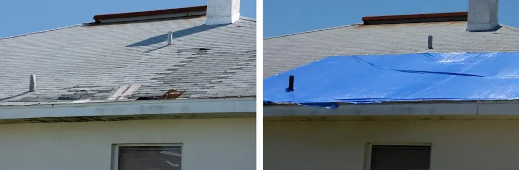 Before and after temporary repair on a badly storm damaged roof