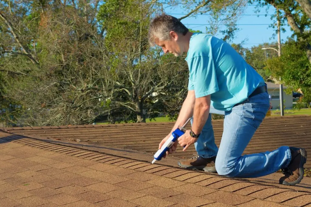 Homeowner patching and sealing roof with caulk gun doing home maintenance