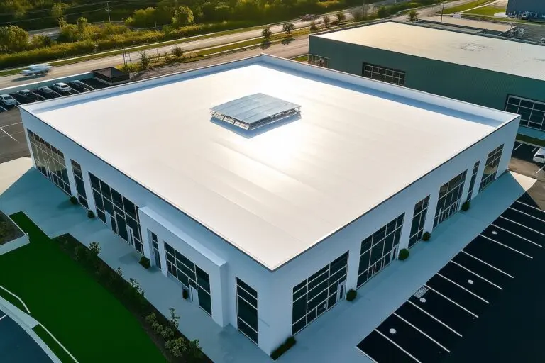 White tpo roof of modern commercial building with skylight at sunset