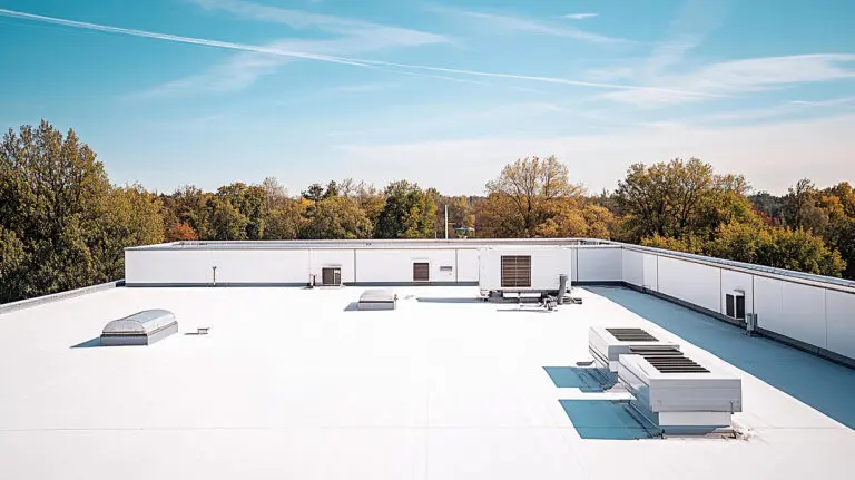 tpo roofing cost-new tpo roofing on a commercial roof with trees in the background