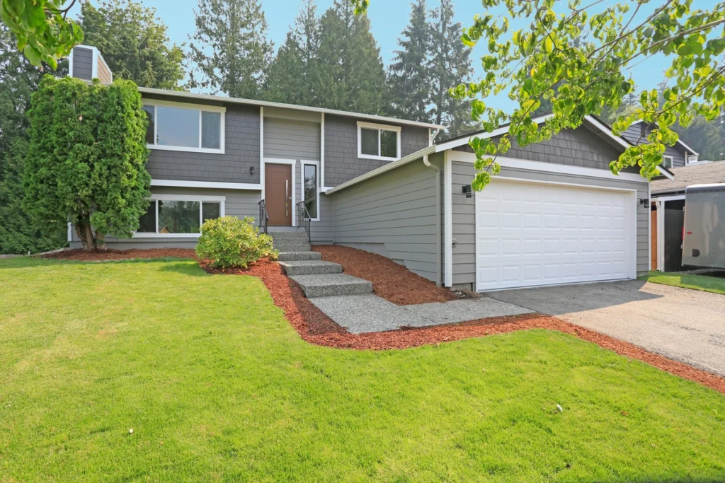 American house with new installed grey siding