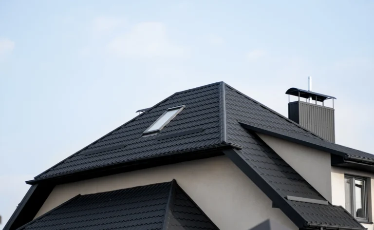 black metal tile roof with skylight