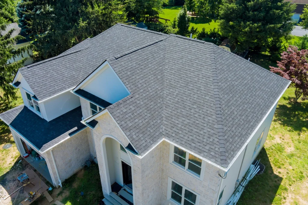 aerial view of a black asphalt shingle roof