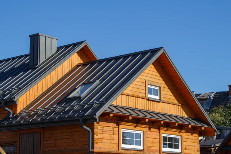 Black metal roof of wooden house