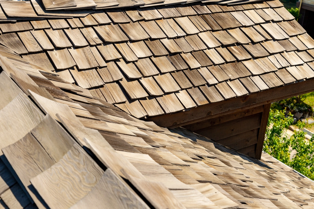 Close up of a cedar shake roof