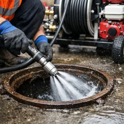 Professional drain and sewer services technician performing main line hydro jetting and video camera inspection for a residential home.