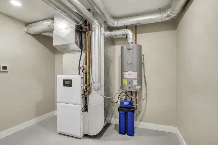 Modern residential hvac system with furnace and water heater setup