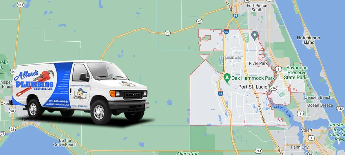 Allore's Plumbing service van positioned on a map highlighting Port St. Lucie, showcasing local plumbing services availability.