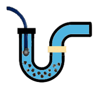 Illustration of a plumbing pipe with water flow and debris, symbolizing drain cleaning services offered by Allore's Plumbing Services LLC.