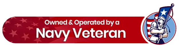 Owned and operated by a Navy veteran logo with American flag background, emphasizing trust and local expertise in plumbing services.