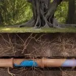 Large tree with roots around an underground pipe showcasing nature and plumbing infrastructure in Stuart, Florida.
