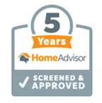 HomeAdvisor 5 Years Screened and Approved badge for Allore's Plumbing Services LLC, emphasizing reliability and quality in plumbing services.