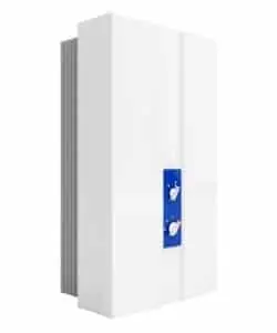Tankless water heater showcasing compact design and blue control panel, emphasizing space-saving benefits for home installations.
