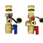 Brass valves for plumbing with blue and red handles, ideal for controlling fluid flow in plumbing services.