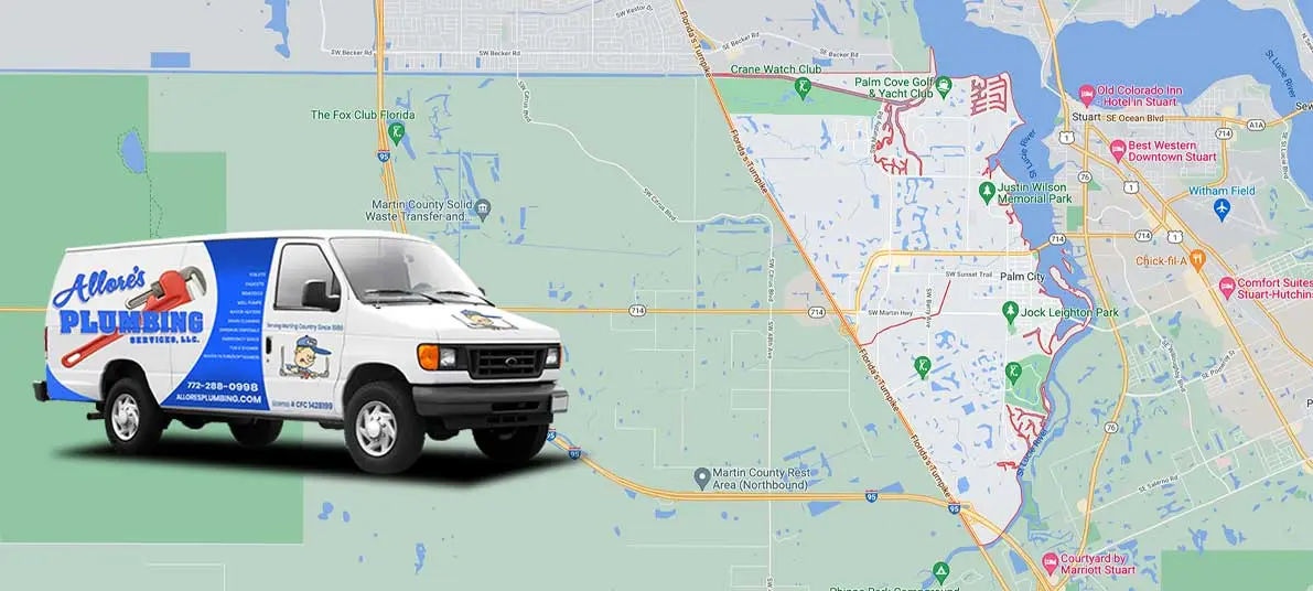 Allore's Plumbing service van in Palm City with map background highlighting local service areas.