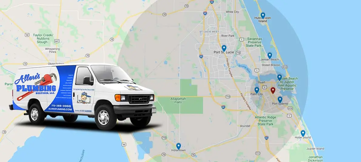 Allore's Plumbing service van in front of a map highlighting service areas, including Port St. Lucie and surrounding locations.