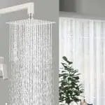 Modern showerhead in a bright bathroom with cascading water droplets and a potted plant by the window.