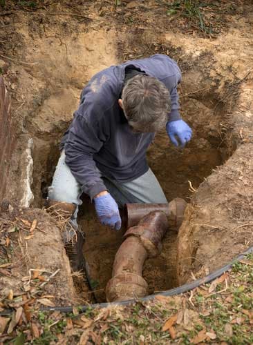 Plumber repairing a sewer line in a dug-out trench, addressing potential leaks caused by tree roots, seismic activity, or corrosion.