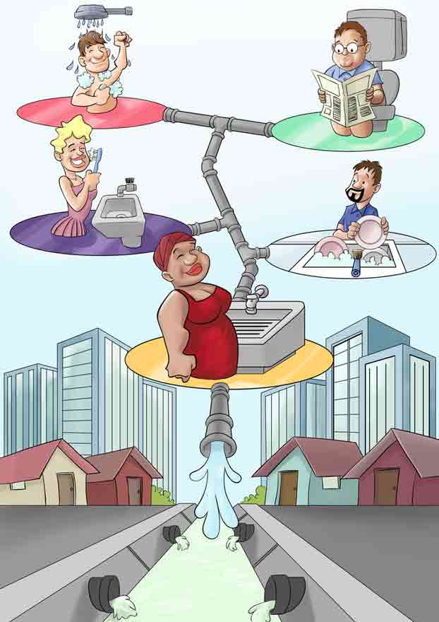 Cartoon illustration depicting various household plumbing scenarios, including a person showering, another reading, a woman using a sink, and a man washing dishes, all connected to a central sewer line with water flowing out, emphasizing the importance of proper sewer line maintenance for home plumbing health.