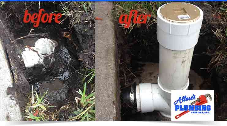 Before and after images of sewer line repairs, showcasing a damaged pipe on the left and a newly installed pipe on the right, with Allores Plumbing logo prominently displayed, emphasizing professional sewer line cleaning services in Stuart, Florida.