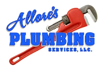 Allore's Plumbing Services LLC logo featuring a red pipe wrench and blue text, representing professional plumbing services.