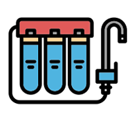 Water filtration system with three blue cartridges and a hook, representing Allore's Plumbing Services LLC's water softening and filtration solutions for plumbing needs.