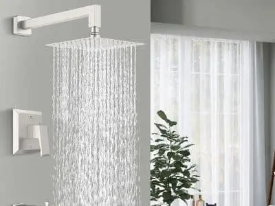 Modern showerhead with cascading water flow, illustrating essential plumbing fixture for bathing in residential spaces, complemented by natural light and indoor greenery.