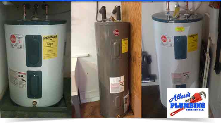 Water heaters in various styles and sizes, showcasing Allore's Plumbing Services branding, emphasizing water heater installation options in Stuart, FL.