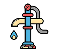 Illustration of a colorful water pump with a dripping water droplet, representing plumbing services offered by Allore's Plumbing Services LLC.