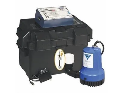 Backup sump pump system with a blue submersible pump and control box, designed for preventing basement flooding during power outages or pump failures.