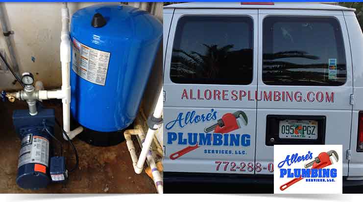 Well pump system with blue pressure tank and plumbing components alongside Allore's Plumbing Services van featuring logo and contact information in Stuart, FL.