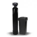 Water filtration system components featuring a black cylindrical tank and smaller container, from Allore's Plumbing Services.