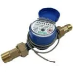 Digital water meter in blue and brass with a protective cover and inlet/outlet valves for accurate measurements.