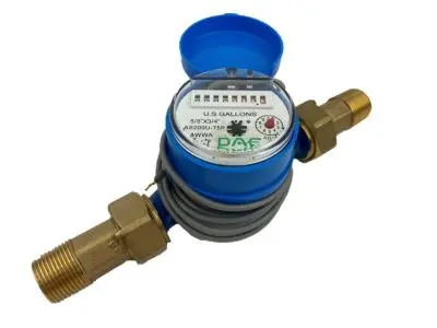 Water meter measuring water flow for leak detection, featuring a dial and cubic gallon indicators, relevant for plumbing maintenance and leak management in homes.