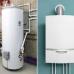 Large water heater and compact combi boiler showcasing modern plumbing solutions by Allore's Plumbing Services LLC.