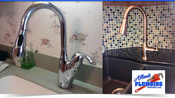 Chrome and bronze kitchen faucets displayed side by side, showcasing Allore's Plumbing Services branding, highlighting plumbing solutions in Stuart, Florida.