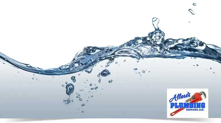 Water splash with clear droplets, representing water treatment services, featuring Allore's Plumbing logo in the corner.
