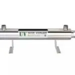 UV water sterilizer featuring a sleek metallic design, labeled clearly, illustrating plumbing technology for safer water.