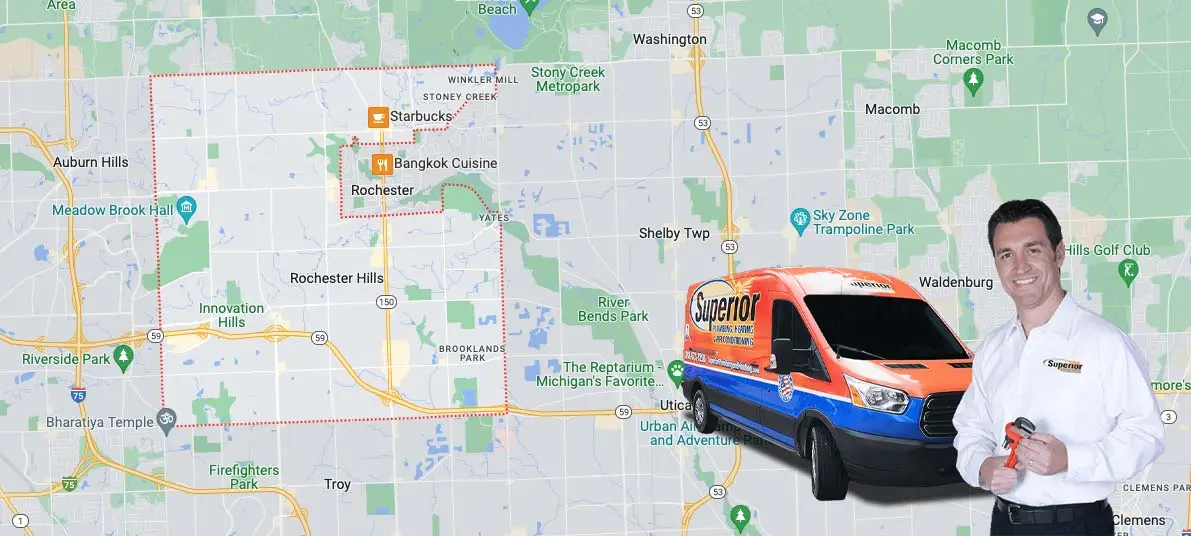 Map of Rochester Hills, MI, featuring a Superior Plumbing, Heating & Air-Conditioning service van and technician, highlighting local HVAC services.