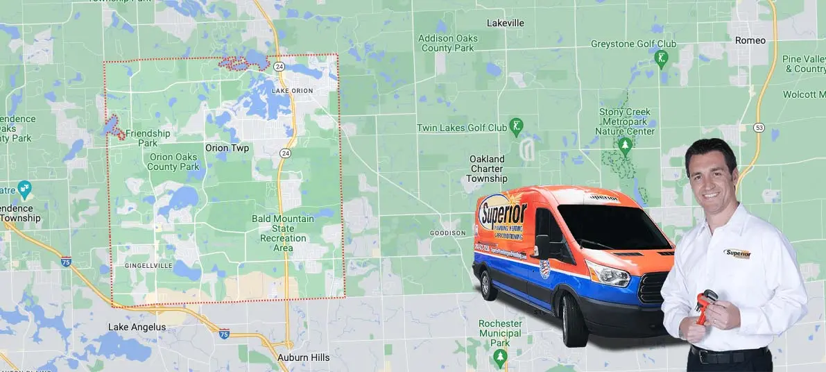 Map of Orion Township, MI, with a Superior Plumbing, Heating & Air-Conditioning service van and technician, highlighting local service area and expertise in HVAC and plumbing solutions.