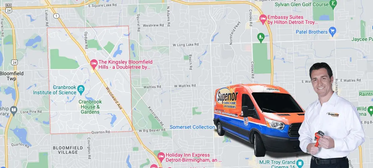 Superior Plumbing, Heating & Air-Conditioning service van with technician holding tools, overlaid on a map of Bloomfield Hills, MI, highlighting local heating and furnace repair services.