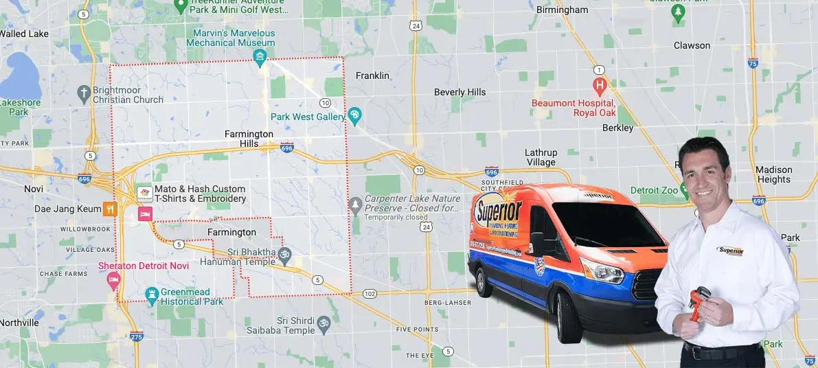 Superior Plumbing service van in Farmington Hills, MI, with technician holding plumbing tool, promoting residential plumbing and HVAC services.